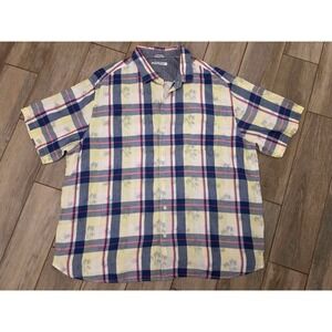 Tommy Bahama Mens 3XL Plaid Tropical Palm Tree Cotton Short Sleeve Button Shirt